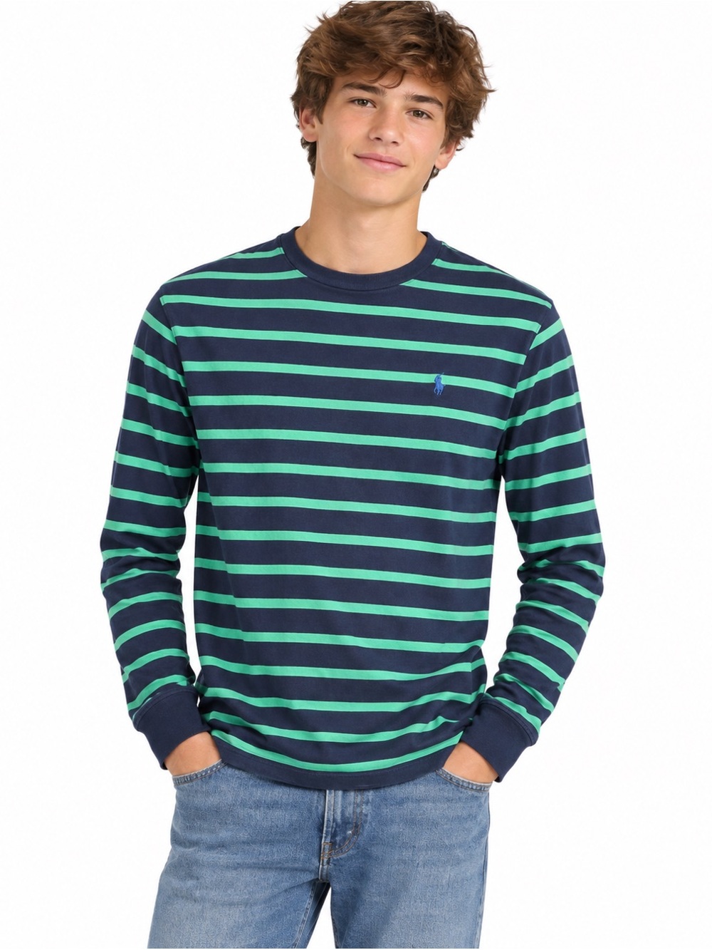 Polo Ralph Lauren Boys XL 18-20 Navy Green Striped Long Sleeve Shirt
